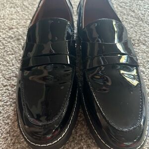 FRANCO SARTO 9 M Cassandra Black Patent Leather Penny Loafers Lug Sole